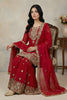 Excellent Red Embroidered Faux Georgette Palazzo Suit with Dupatta for Wedding