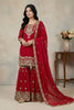 Excellent Red Embroidered Faux Georgette Palazzo Suit with Dupatta for Wedding