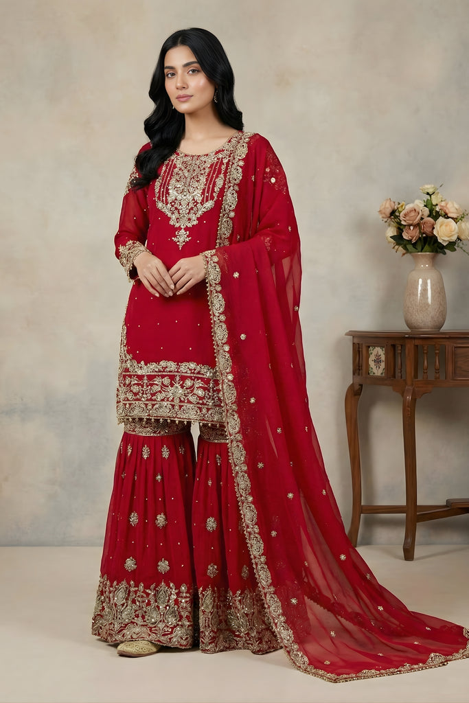Excellent Red Embroidered Faux Georgette Palazzo Suit with Dupatta for Wedding