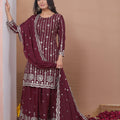 Designer Wine Natural Crepe Embroidered Salwar Suit with Dupatta for Wedding