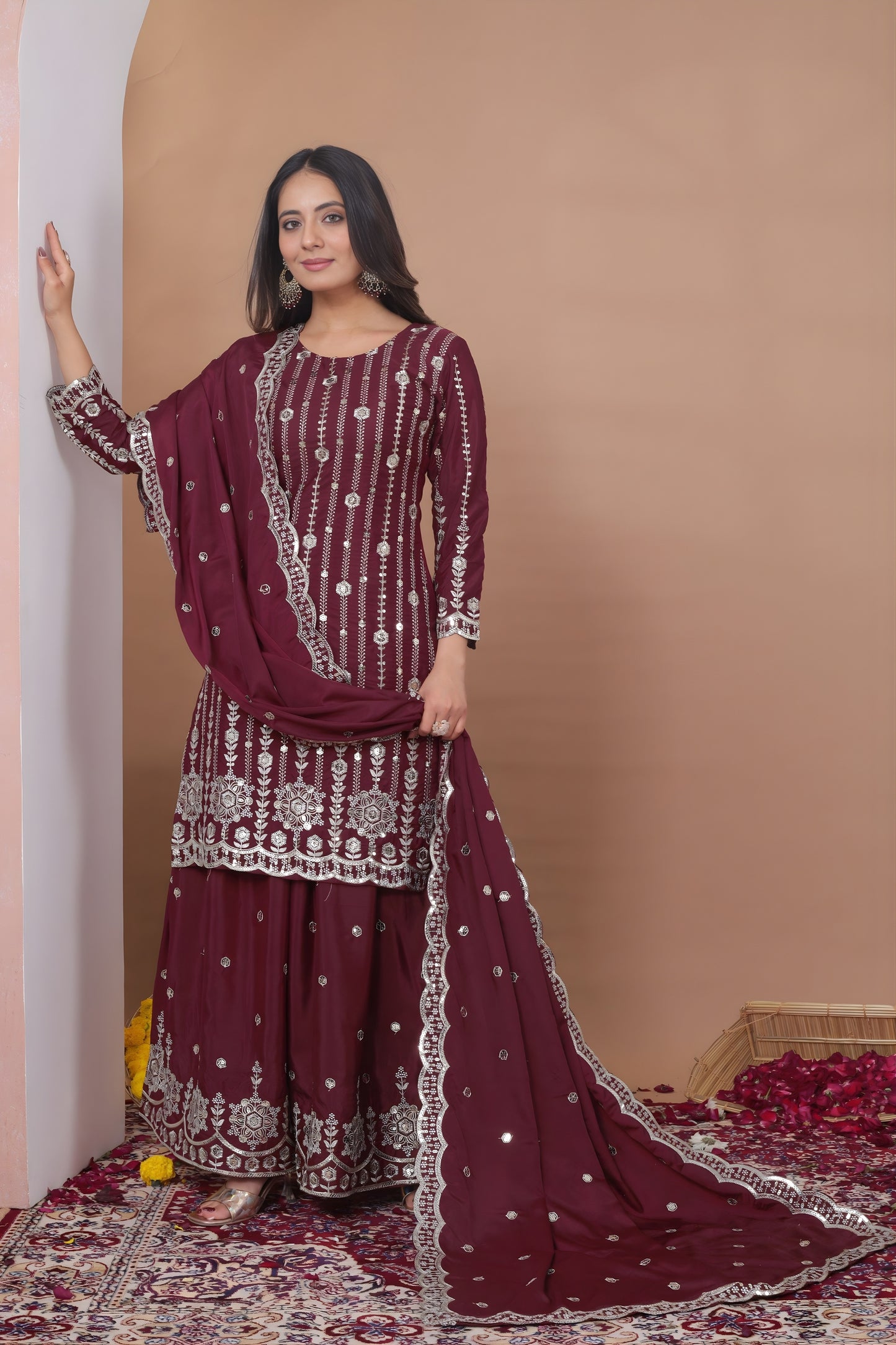 Designer Wine Natural Crepe Embroidered Salwar Suit with Dupatta for Wedding