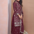 Designer Wine Natural Crepe Embroidered Salwar Suit with Dupatta for Wedding