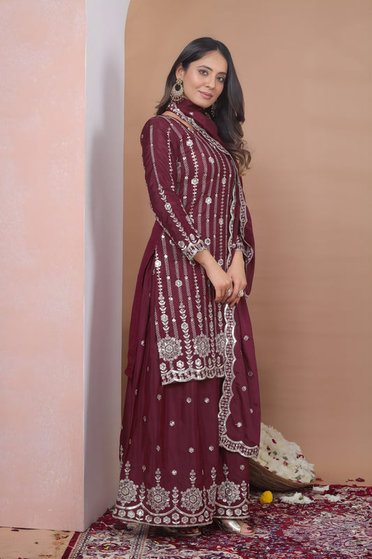 Designer Wine Natural Crepe Embroidered Salwar Suit with Dupatta for Wedding