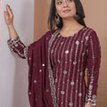 Designer Wine Natural Crepe Embroidered Salwar Suit with Dupatta for Wedding