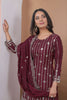 Designer Wine Natural Crepe Embroidered Salwar Suit with Dupatta for Wedding