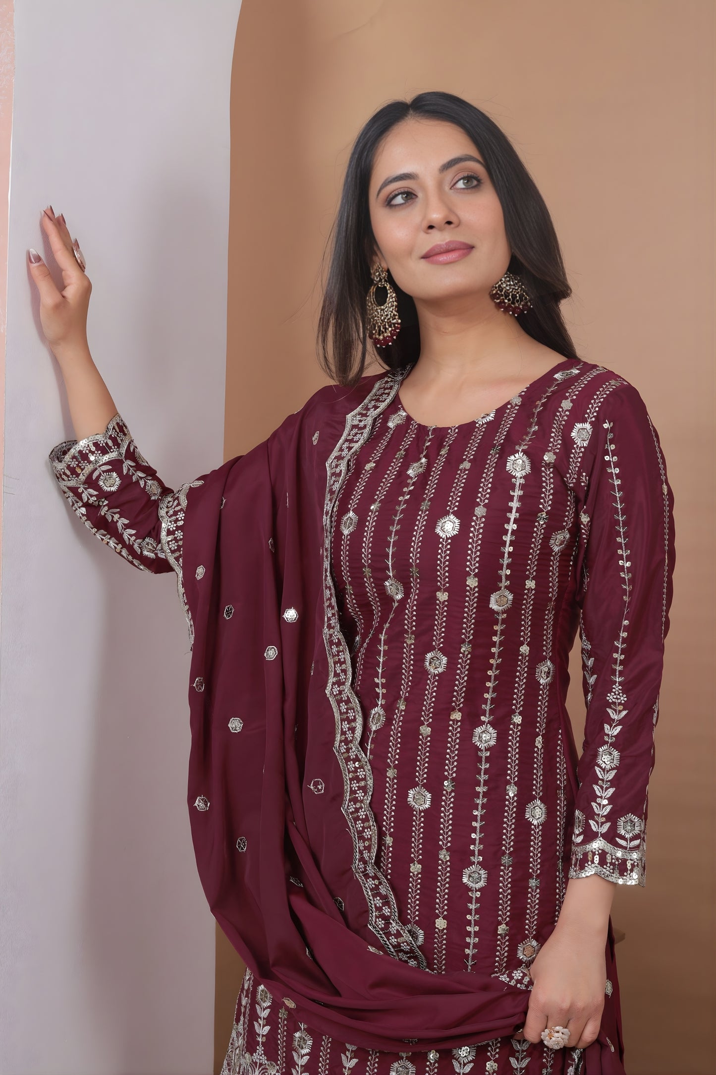 Designer Wine Natural Crepe Embroidered Salwar Suit with Dupatta for Wedding