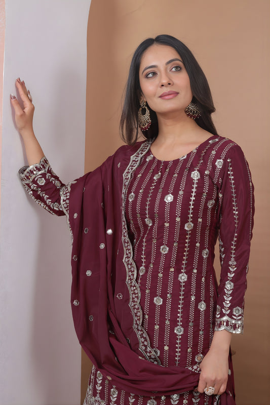 Designer Wine Natural Crepe Embroidered Salwar Suit with Dupatta for Wedding