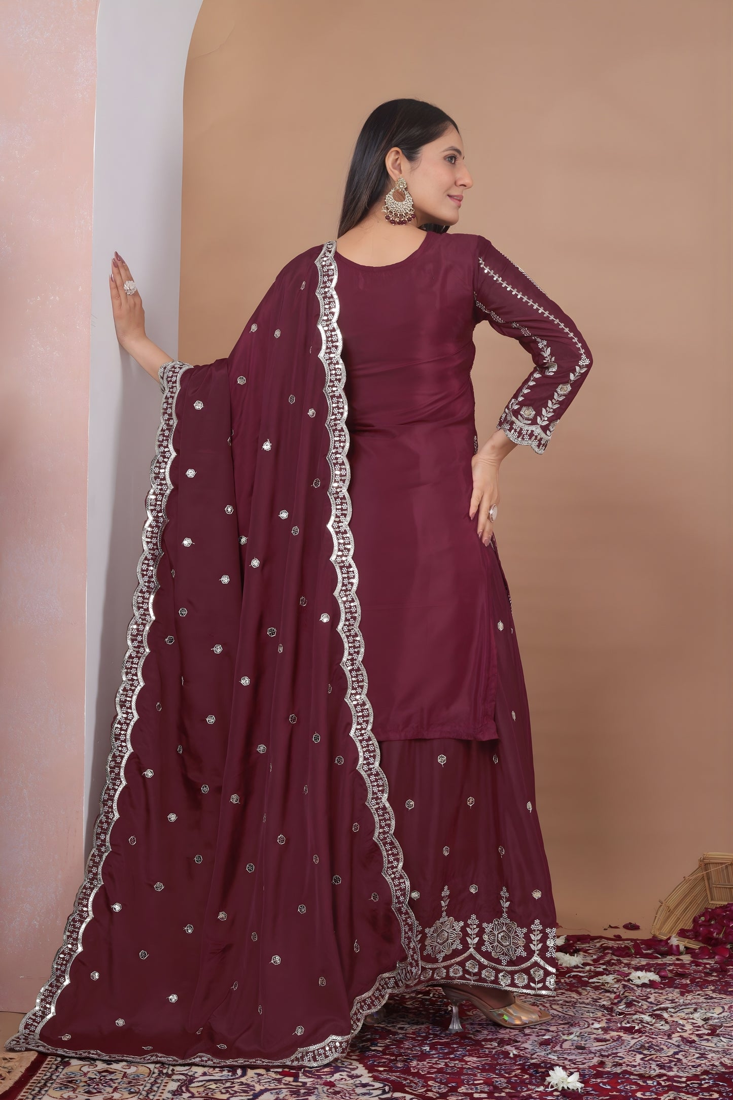 Designer Wine Natural Crepe Embroidered Salwar Suit with Dupatta for Wedding