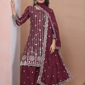 Designer Wine Natural Crepe Embroidered Salwar Suit with Dupatta for Wedding