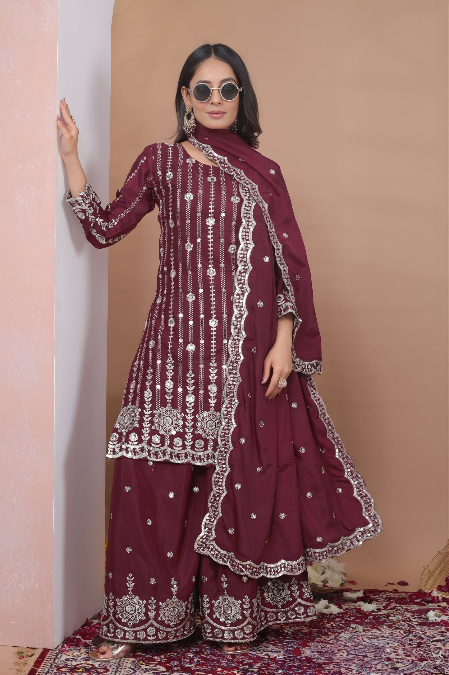 Designer Wine Natural Crepe Embroidered Salwar Suit with Dupatta for Wedding