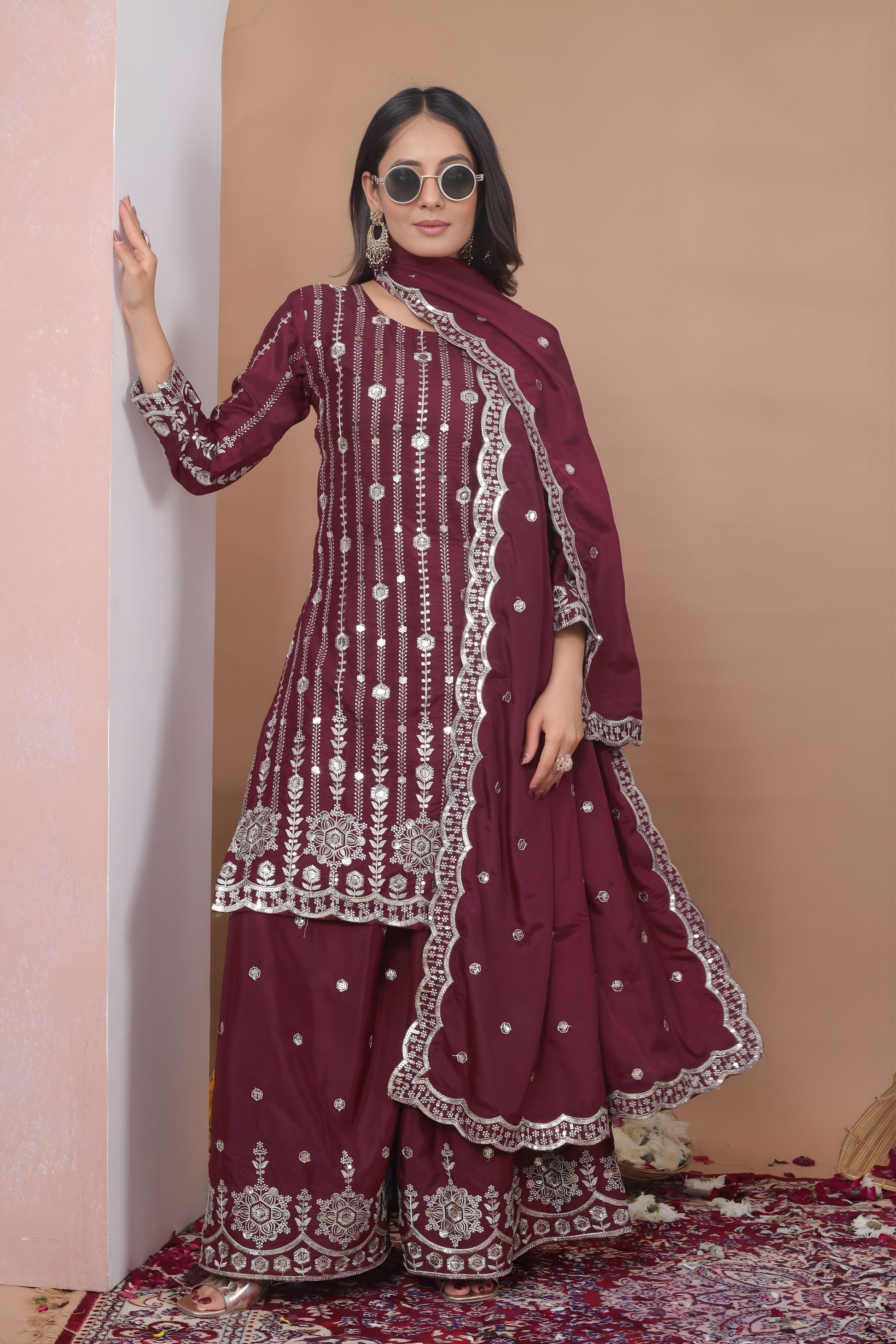 Designer Wine Natural Crepe Embroidered Salwar Suit with Dupatta for Wedding