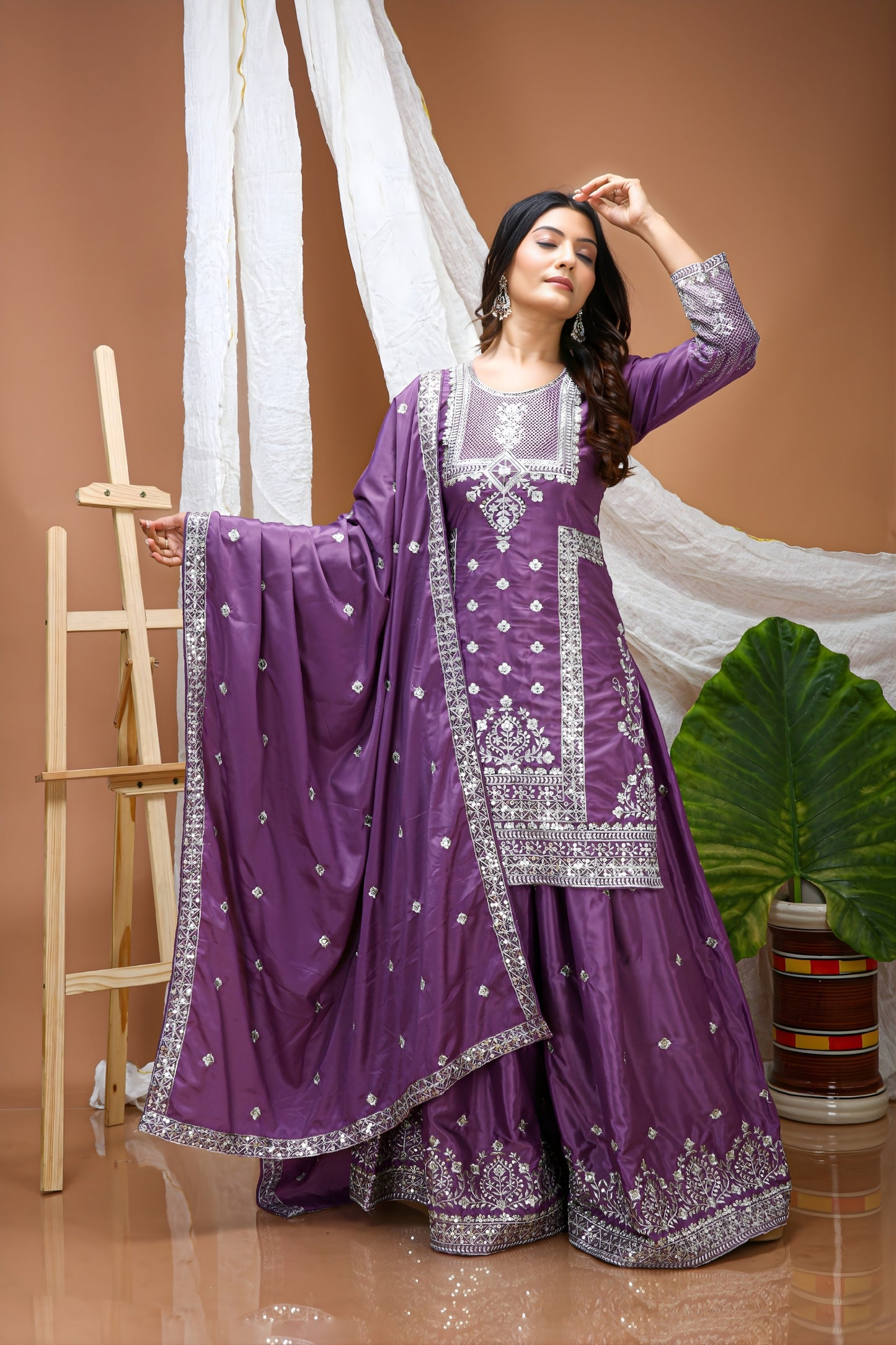 Unique Purple Natural Crepe Heavy Embroidered Salwar Suit with Dupatta