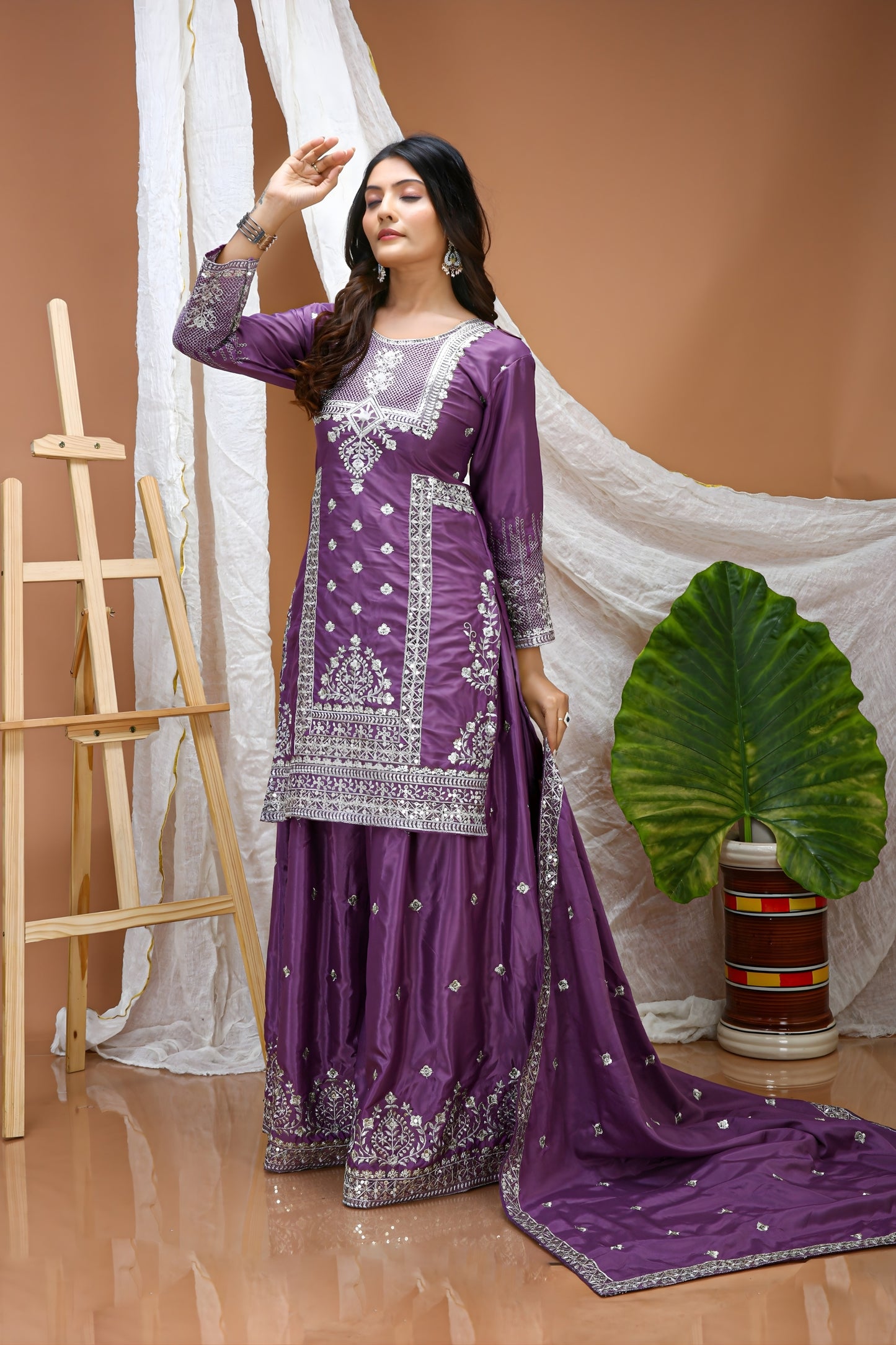 Unique Purple Natural Crepe Heavy Embroidered Salwar Suit with Dupatta