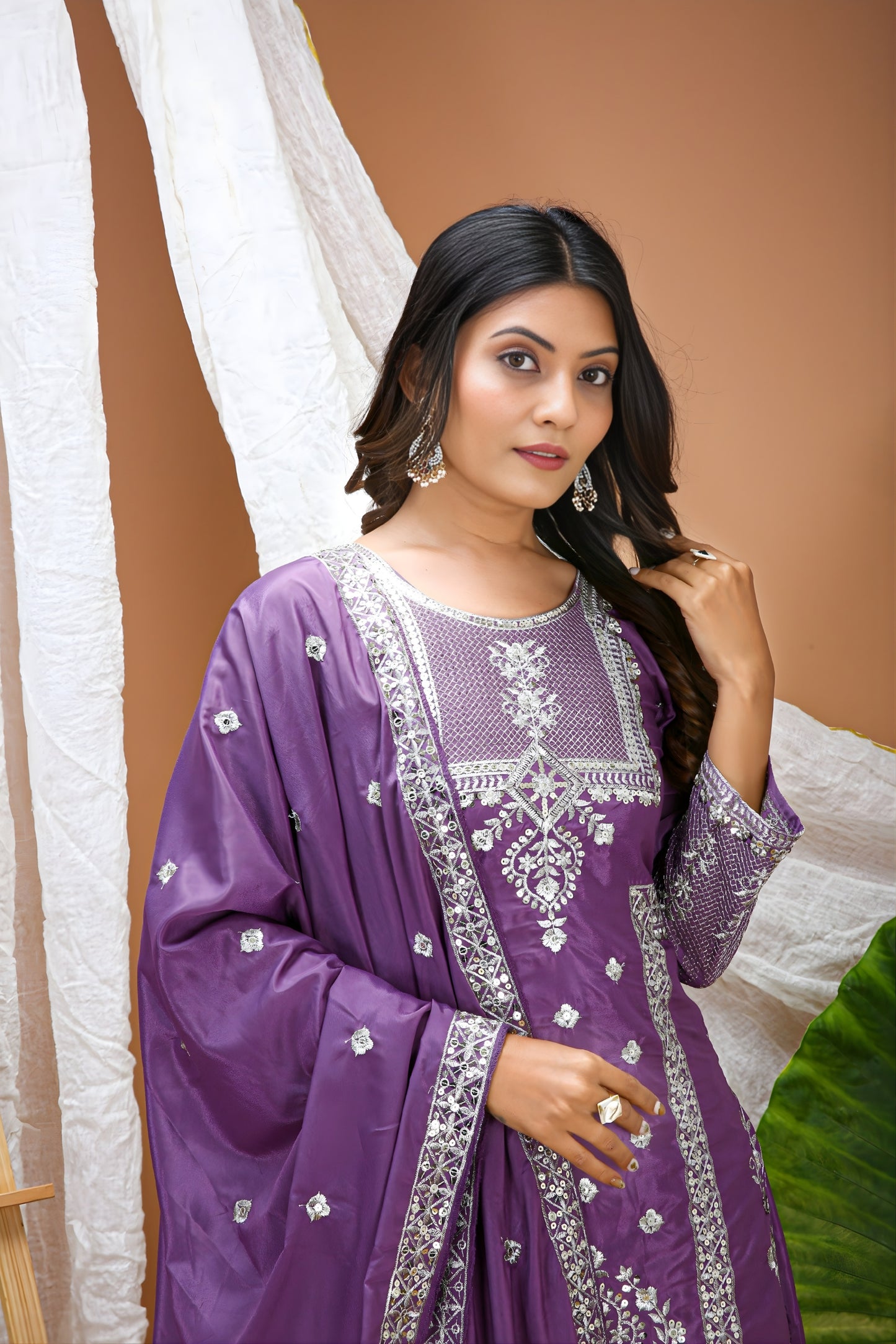 Unique Purple Natural Crepe Heavy Embroidered Salwar Suit with Dupatta