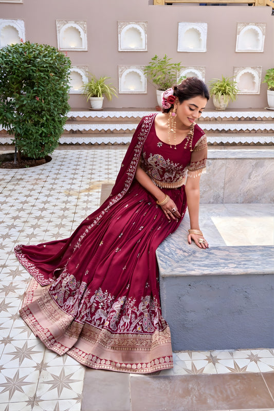 Royal Maroon Heavy Embroidered Vichitra Silk Lehenga Choli with Dupatta for Wedding