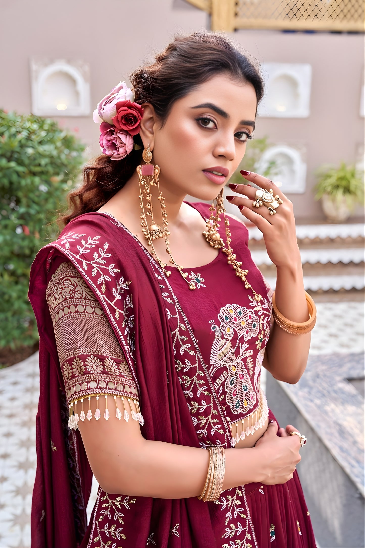 Royal Maroon Heavy Embroidered Vichitra Silk Lehenga Choli with Dupatta for Wedding