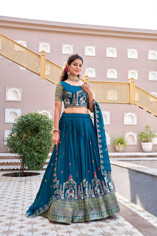 Designer Teal Green Heavy Embroidered Vichitra Silk Lehenga Choli with Dupatta for Wedding