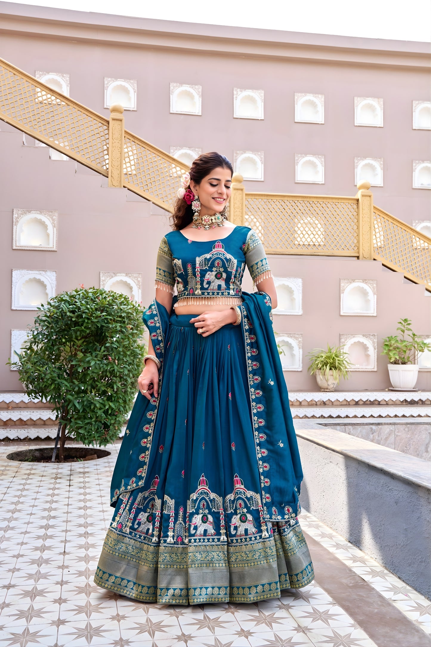 Designer Teal Green Heavy Embroidered Vichitra Silk Lehenga Choli with Dupatta for Wedding