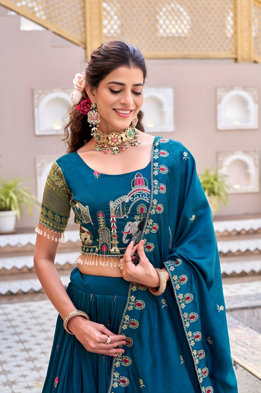 Designer Teal Green Heavy Embroidered Vichitra Silk Lehenga Choli with Dupatta for Wedding