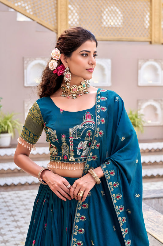 Designer Teal Green Heavy Embroidered Vichitra Silk Lehenga Choli with Dupatta for Wedding