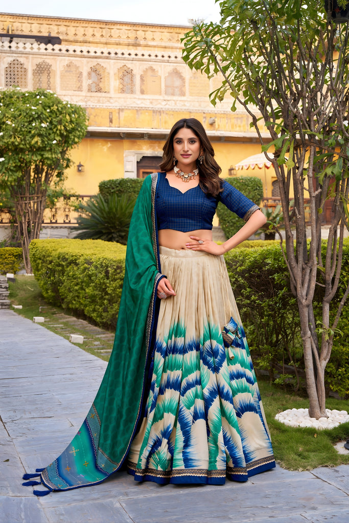 Elegant Multicolor Tussar Silk Lehenga Choli with Printed Flared Skirt and Contrast Dupatta