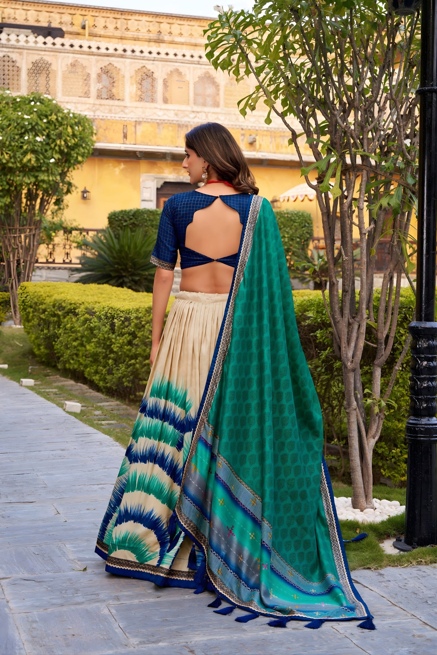 Elegant Multicolor Tussar Silk Lehenga Choli with Printed Flared Skirt and Contrast Dupatta