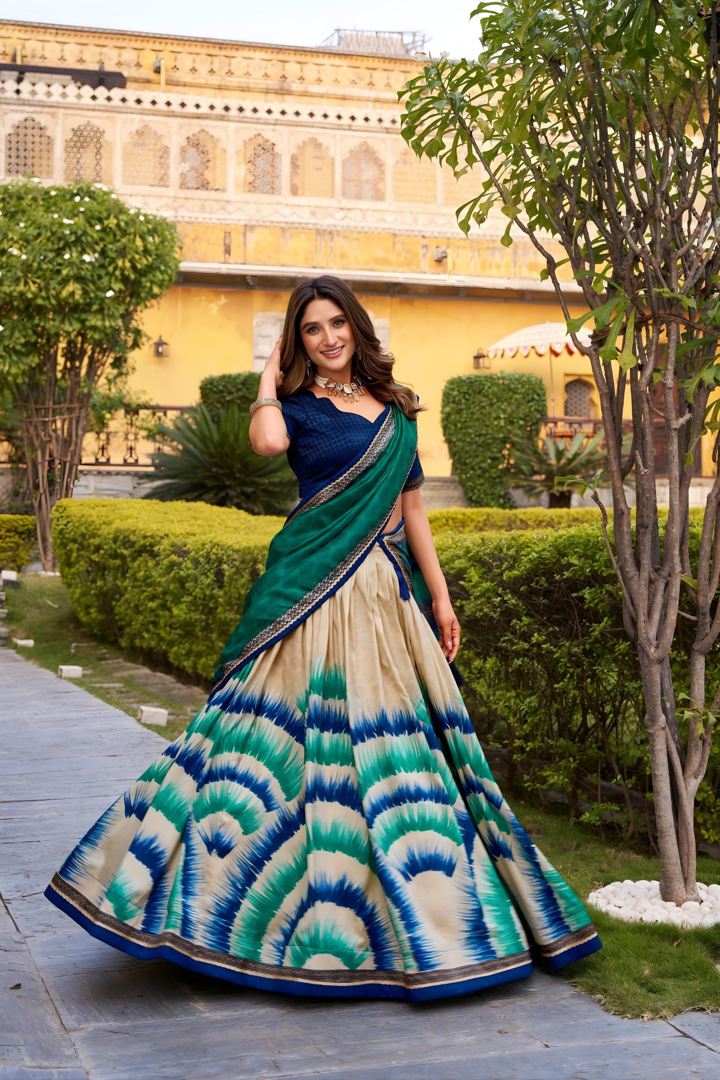 Elegant Multicolor Tussar Silk Lehenga Choli with Printed Flared Skirt and Contrast Dupatta