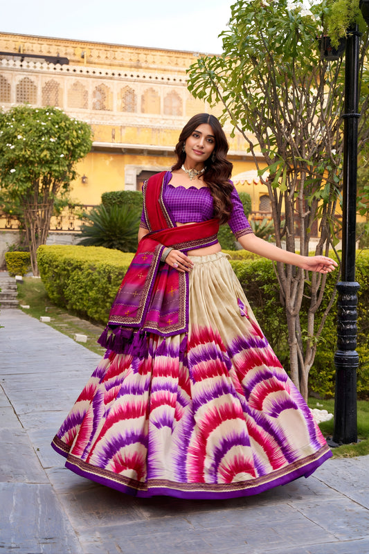 Designer Multicolor Tussar Silk Lehenga Choli with Printed Flared Skirt and Contrast Dupatta