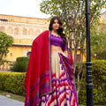 Designer Multicolor Tussar Silk Lehenga Choli with Printed Flared Skirt and Contrast Dupatta