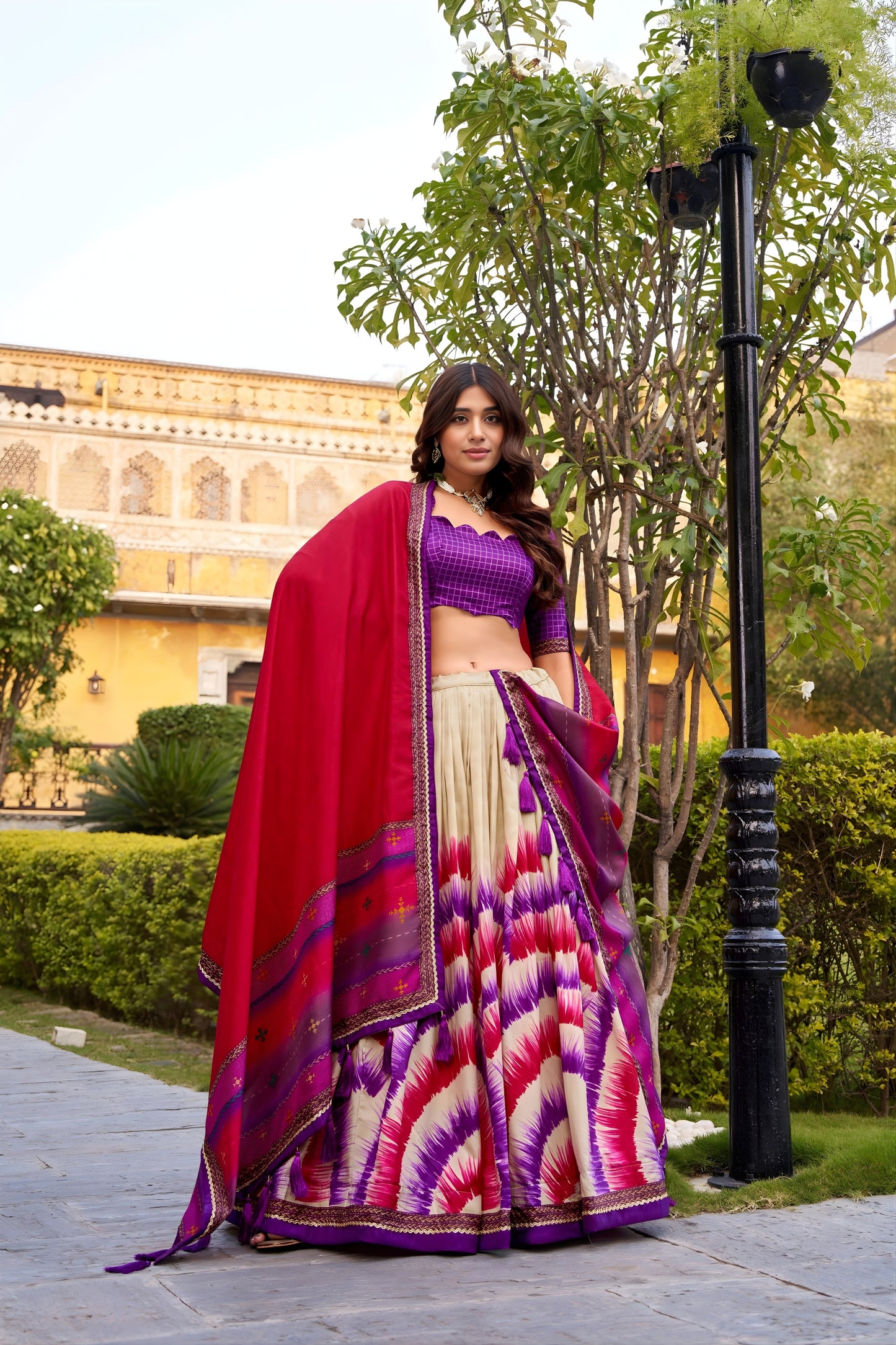 Designer Multicolor Tussar Silk Lehenga Choli with Printed Flared Skirt and Contrast Dupatta