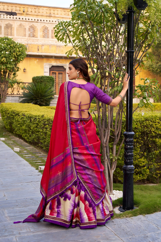 Designer Multicolor Tussar Silk Lehenga Choli with Printed Flared Skirt and Contrast Dupatta