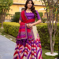 Designer Multicolor Tussar Silk Lehenga Choli with Printed Flared Skirt and Contrast Dupatta