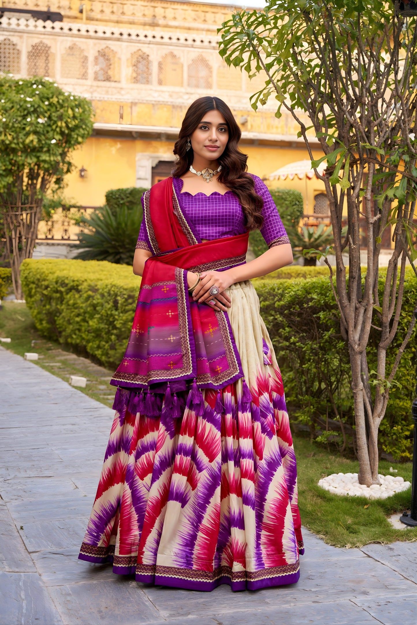 Designer Multicolor Tussar Silk Lehenga Choli with Printed Flared Skirt and Contrast Dupatta