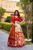Superb Multicolor Tussar Silk Lehenga Choli with Printed Flared Skirt and Contrast Dupatta