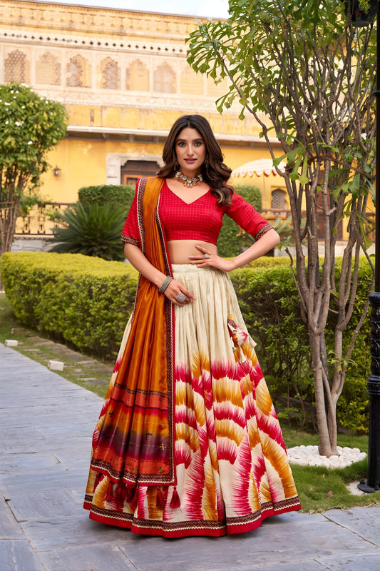 Superb Multicolor Tussar Silk Lehenga Choli with Printed Flared Skirt and Contrast Dupatta