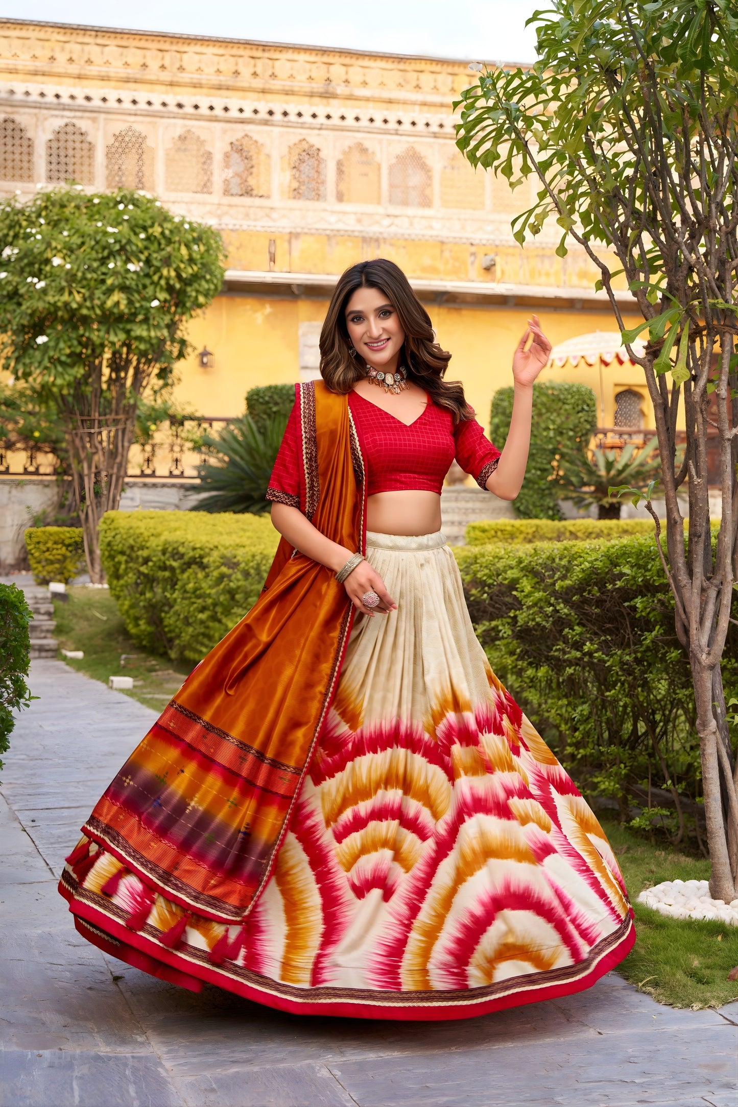Superb Multicolor Tussar Silk Lehenga Choli with Printed Flared Skirt and Contrast Dupatta