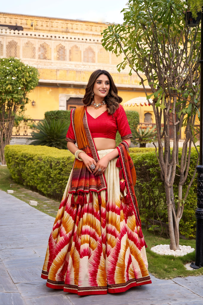 Superb Multicolor Tussar Silk Lehenga Choli with Printed Flared Skirt and Contrast Dupatta