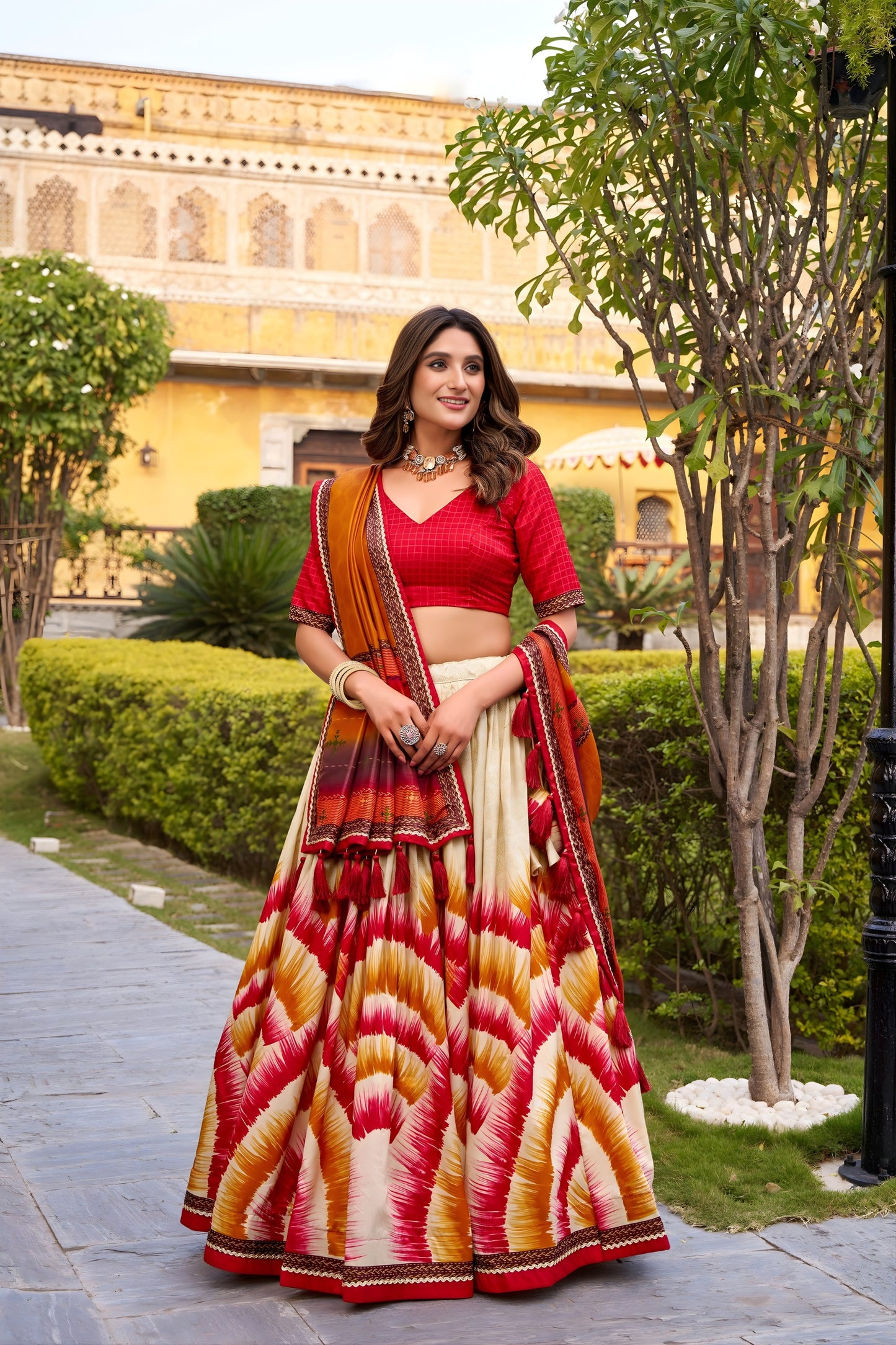 Superb Multicolor Tussar Silk Lehenga Choli with Printed Flared Skirt and Contrast Dupatta