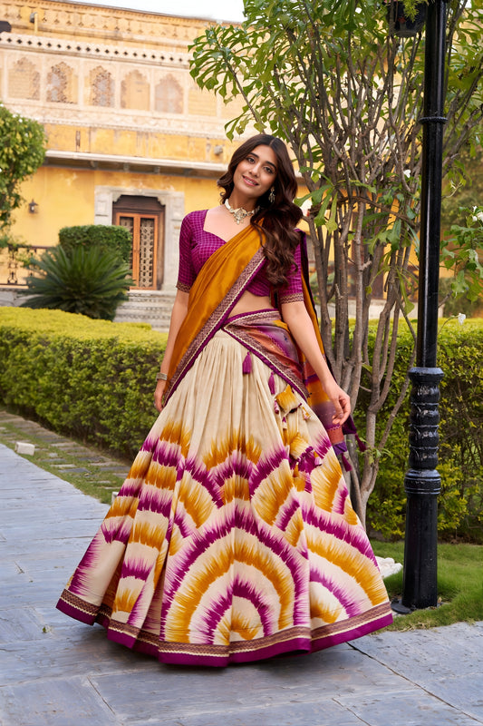 Trendy Multicolor Tussar Silk Lehenga Choli with Printed Flared Skirt and Contrast Dupatta