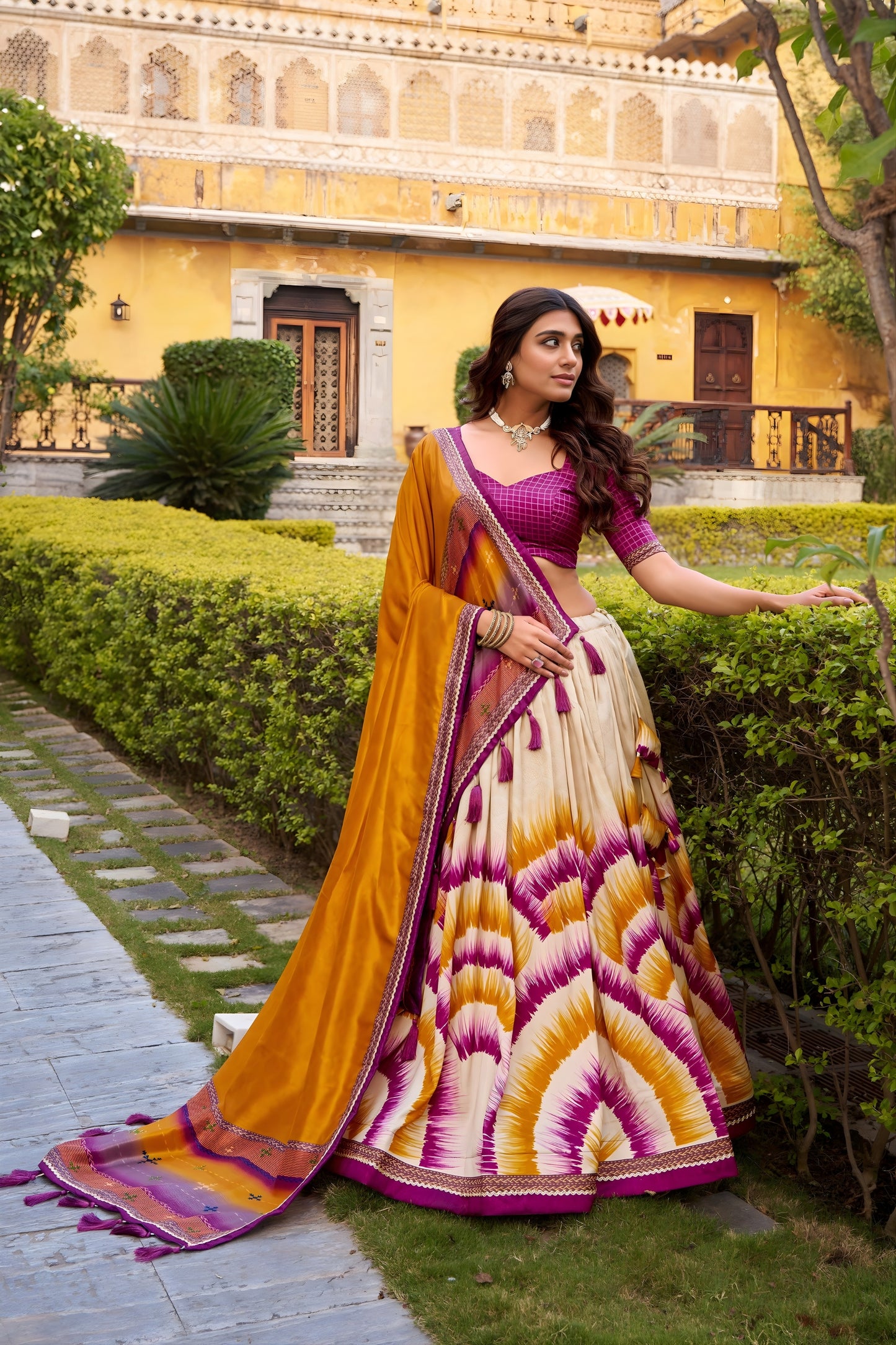 Trendy Multicolor Tussar Silk Lehenga Choli with Printed Flared Skirt and Contrast Dupatta