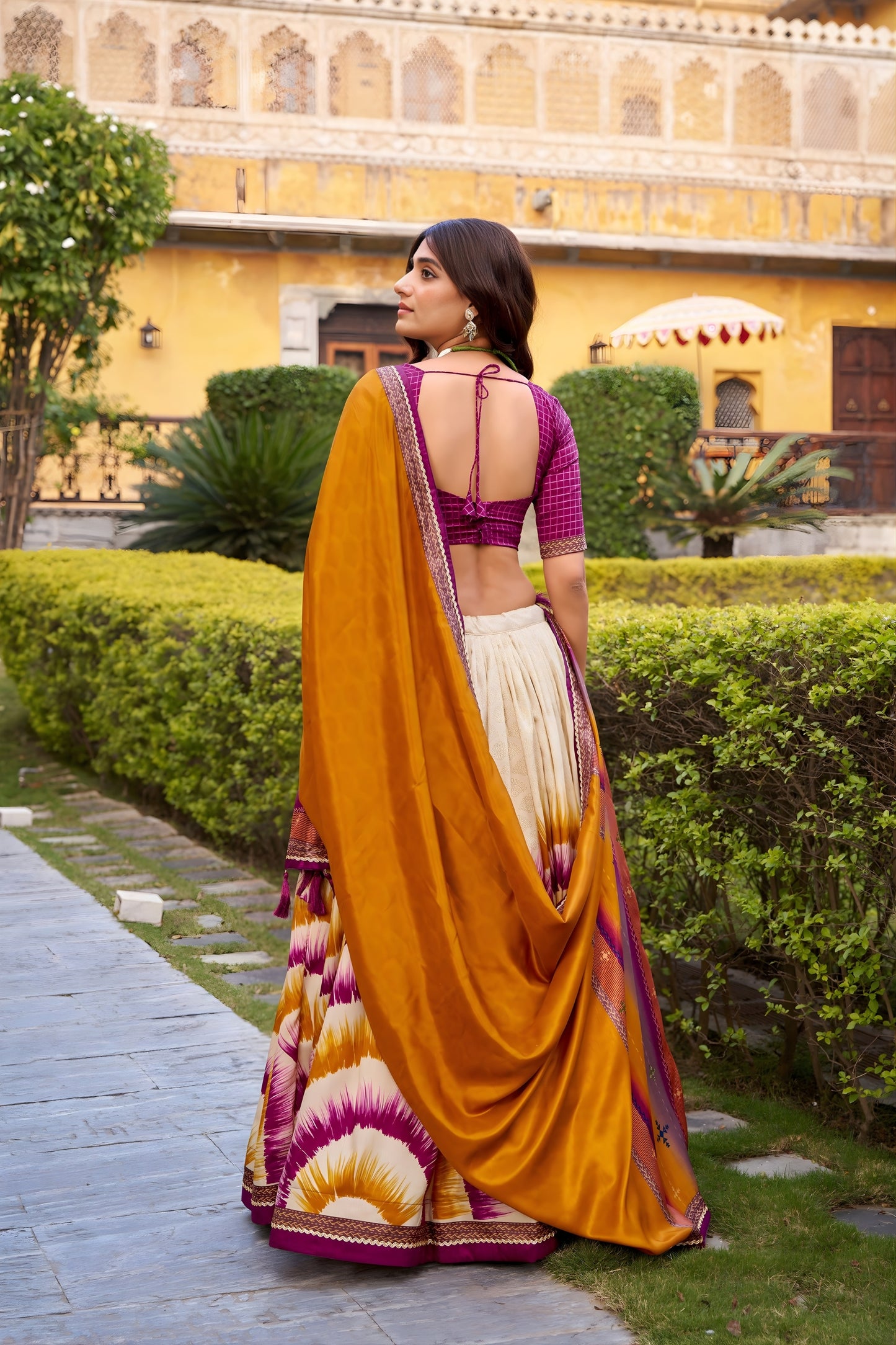 Trendy Multicolor Tussar Silk Lehenga Choli with Printed Flared Skirt and Contrast Dupatta