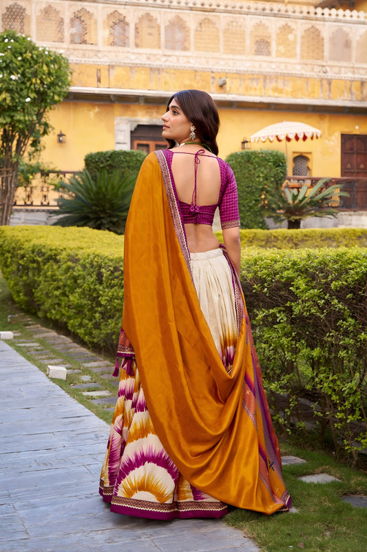Trendy Multicolor Tussar Silk Lehenga Choli with Printed Flared Skirt and Contrast Dupatta