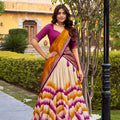 Trendy Multicolor Tussar Silk Lehenga Choli with Printed Flared Skirt and Contrast Dupatta