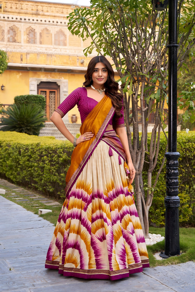 Trendy Multicolor Tussar Silk Lehenga Choli with Printed Flared Skirt and Contrast Dupatta