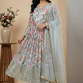 Stunning Sky Blue Digital Print Faux Georgette Anarkali Suit with Sequin Border Dupatta