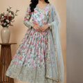 Stunning Sky Blue Digital Print Faux Georgette Anarkali Suit with Sequin Border Dupatta