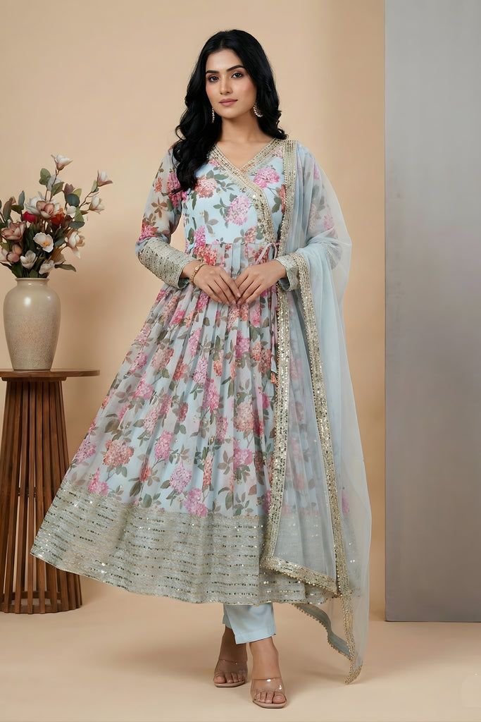 Stunning Sky Blue Digital Print Faux Georgette Anarkali Suit with Sequin Border Dupatta
