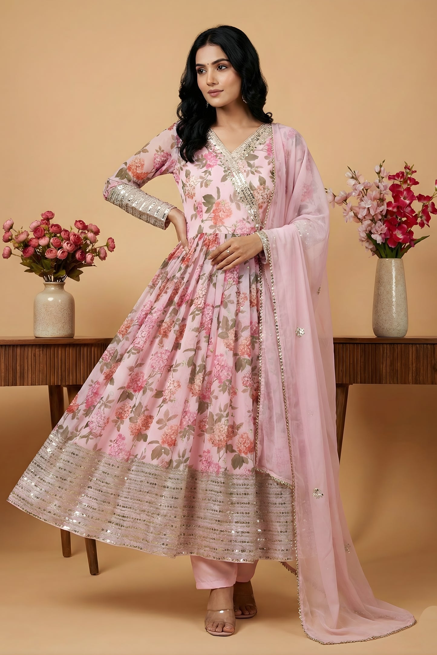 Charming Pink Digital Floral Print Faux Georgette Anarkali Suit with Sequin Border Dupatta