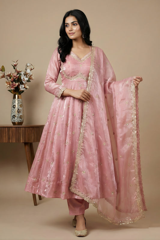 Stylish Pink Embroidered Fendy Silk Anarkali Suit with Dupatta for Wedding