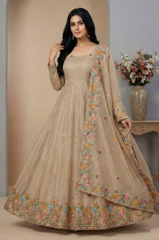 Elegant Beige Crunchy Silk Floral Embroidered Anarkali Salwar Suit with Dupatta